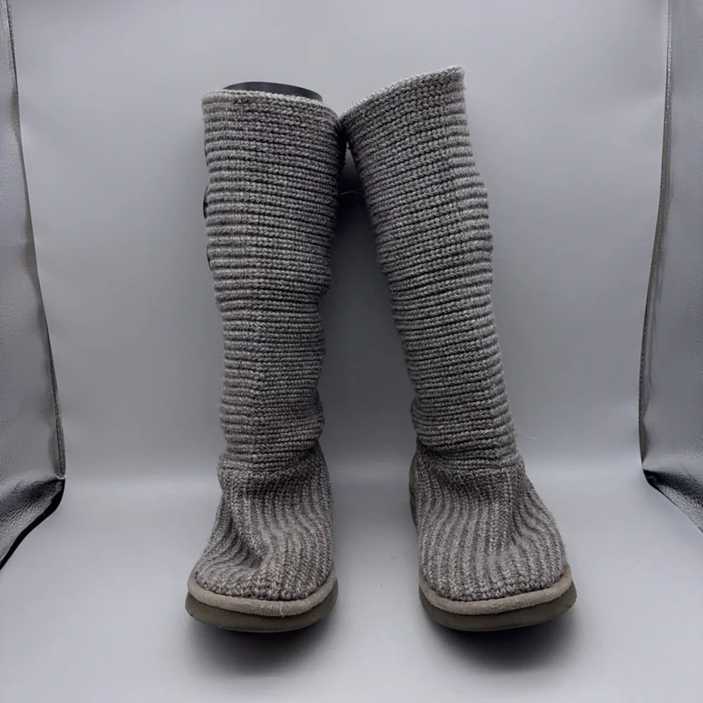 UGG Boots Womens 9 Grey Cardy Tall Knit Button Down 5819 Crochet Winter Casual